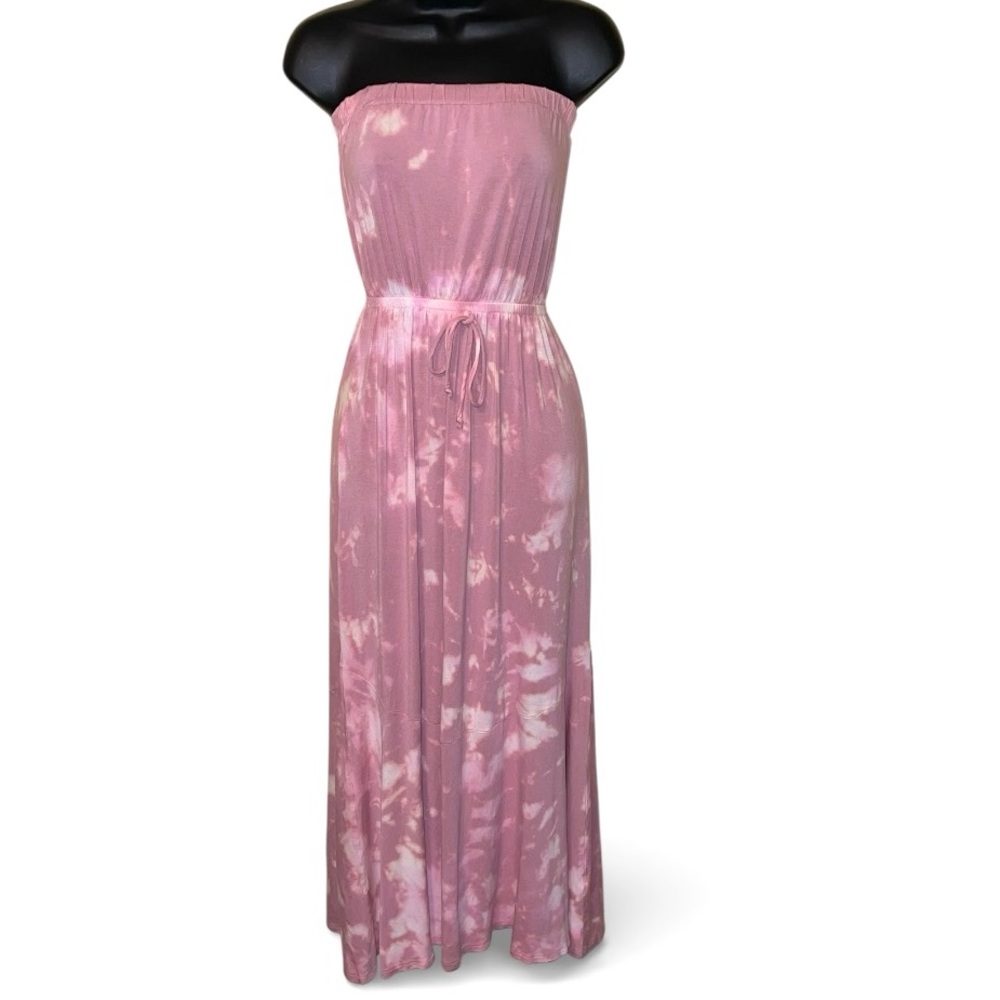 Rolla Coaster Pink & White Boho Stretchy Strapless Maxi Dress Waist Tie Size S